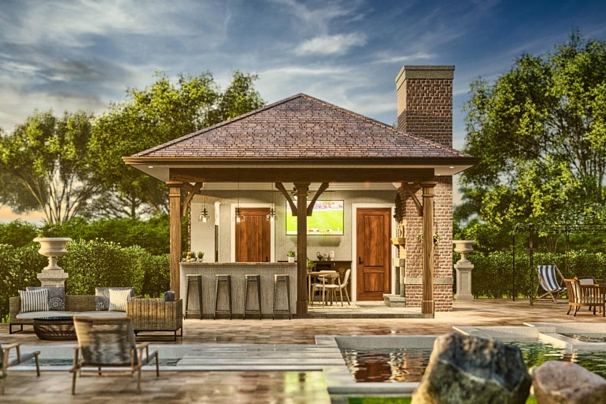 Exterior rendering of a single-story pool house with a bar, fireplace, and television.