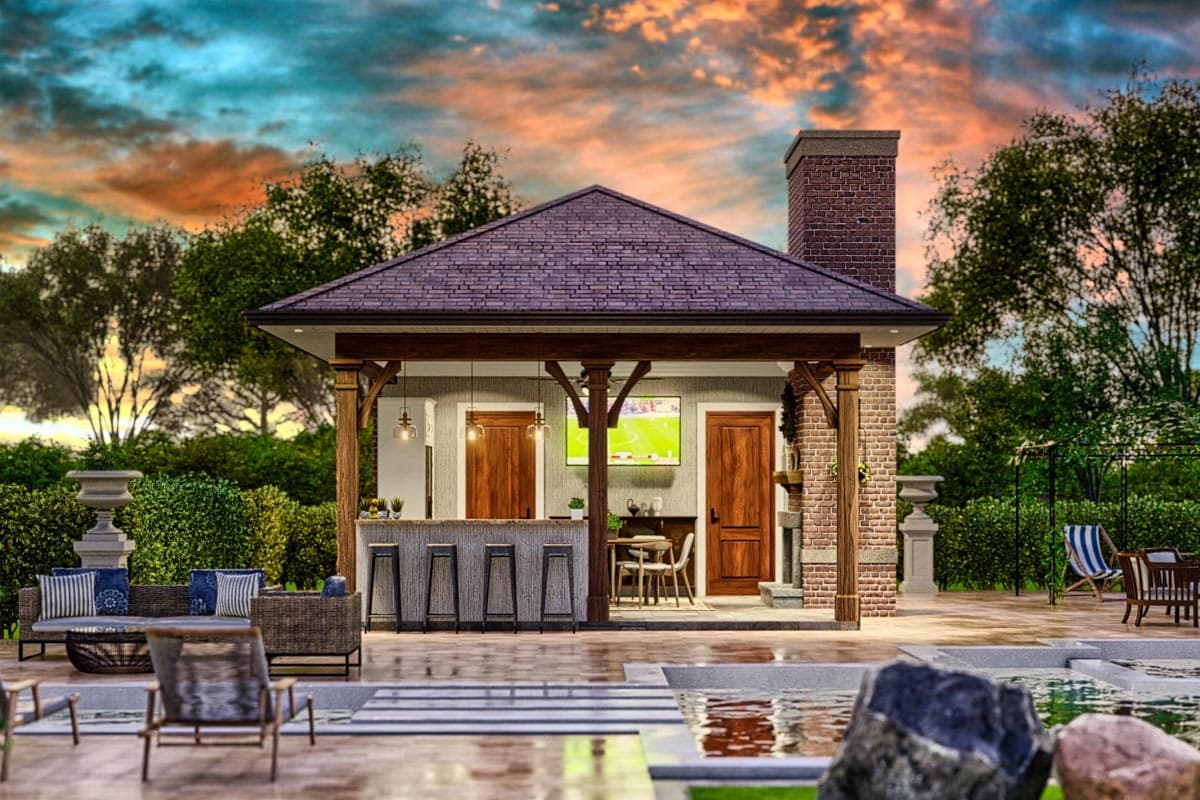 House plan exterior: Open pavilion with bar seating, dining area, fireplace, and two doors.