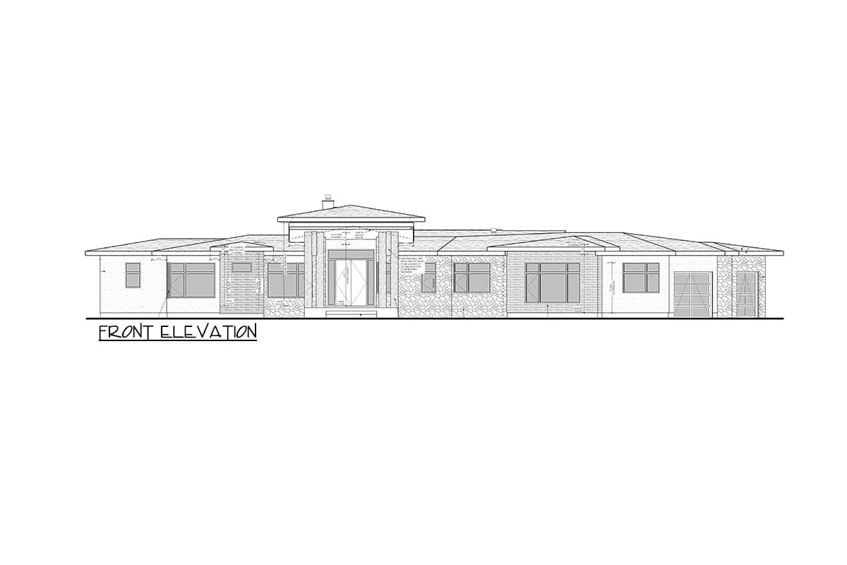 Front elevation drawing of a single-story house with a pitched roof, large windows, and stone accents.