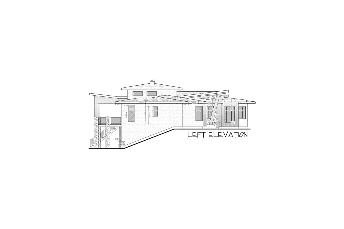 Left elevation drawing of a modern house plan with layered rooflines, stone accents, and multiple windows.