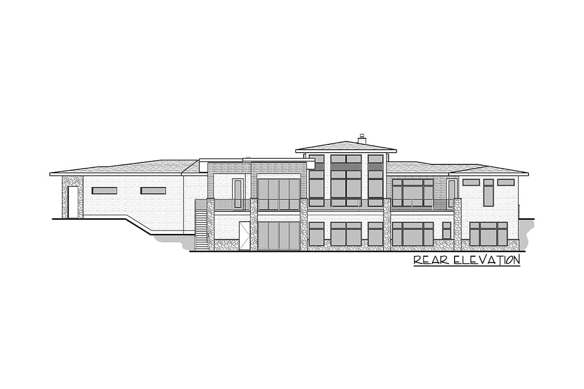 Rear elevation drawing of a modern house with stone accents, multiple levels of windows, and a central pitched roof dormer.