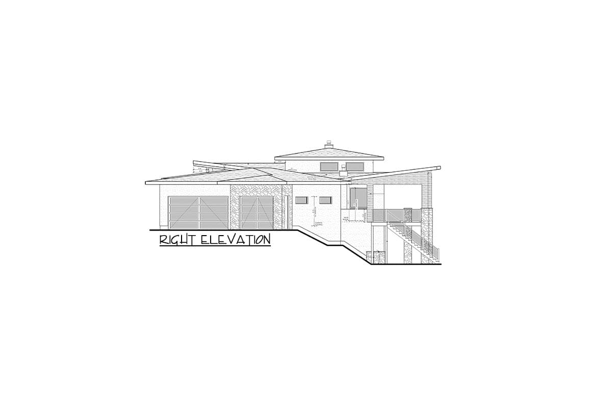Right elevation house plan showing a multi-level modern design with two garages, stone accents, and cantilevered upper levels.