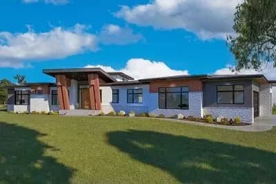 One-level Mid-Century Modern Home Plan with Angled Garage and Optional Basement