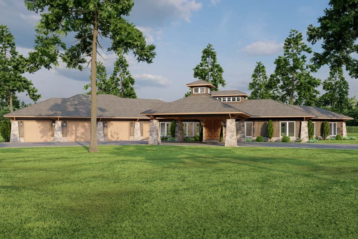 House plan exterior with a single story, stone columns, porte-cochere, and a cupola. Includes a three-car garage and wood siding.
