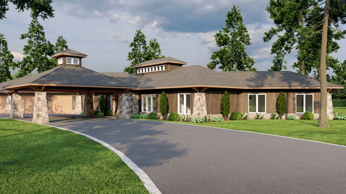House plan exterior: single-story home with porte-cochere, stone accents, wood siding, and a cupola.