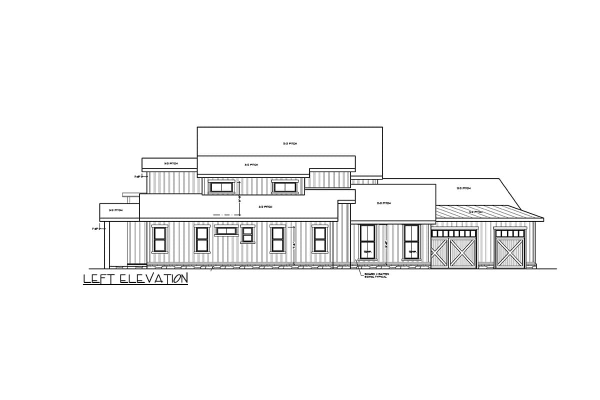 Left elevation house plan drawing with board and batten siding, multiple gables, and a two-car garage.