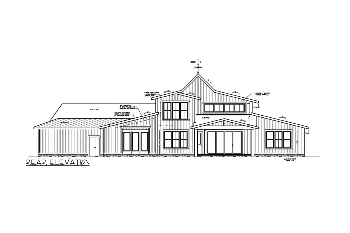 Rear elevation house plan featuring board and batten siding, multiple gables, and a shed roof porch with bi-fold doors.