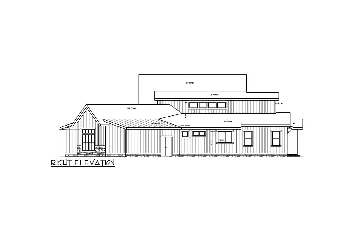 Right elevation floor plan drawing showing varied roof pitches, gabled entry, and multiple windows.
