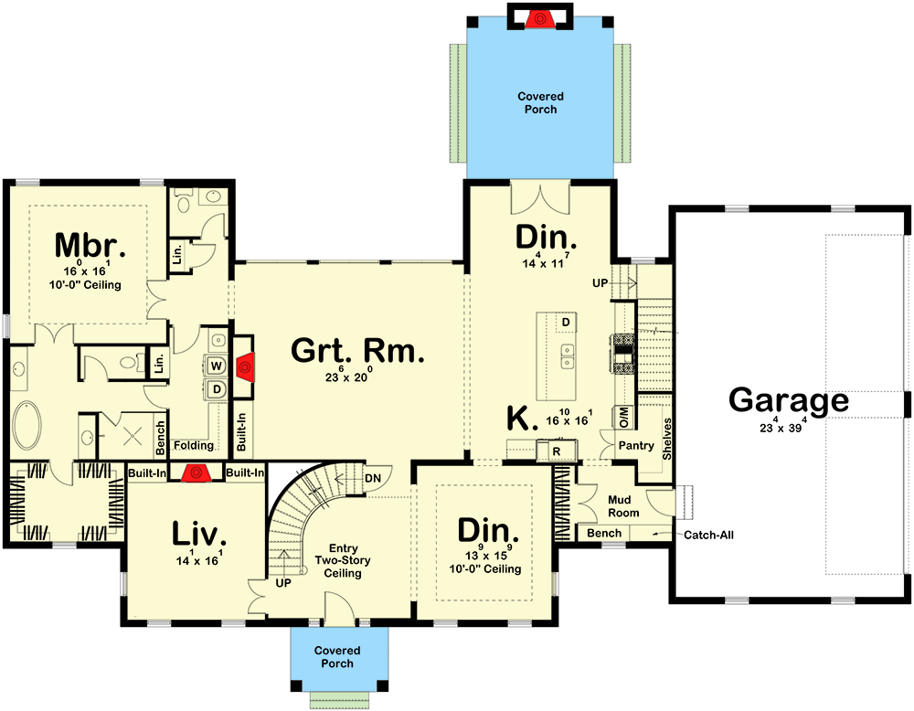 Plan 623176DJ: 4300 Square Foot 2-Story Southern Traditional House Plan with Two Stairs and an Upstairs Family Room - Floor Plan - Main Level - Colonial, Southern, Southern Traditional, Traditional