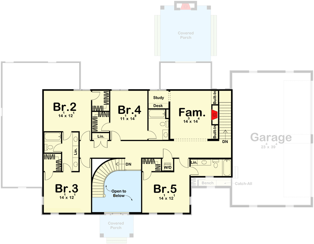 Plan 623176DJ: 4300 Square Foot 2-Story Southern Traditional House Plan with Two Stairs and an Upstairs Family Room - Floor Plan - 2nd Floor - Colonial, Southern, Southern Traditional, Traditional