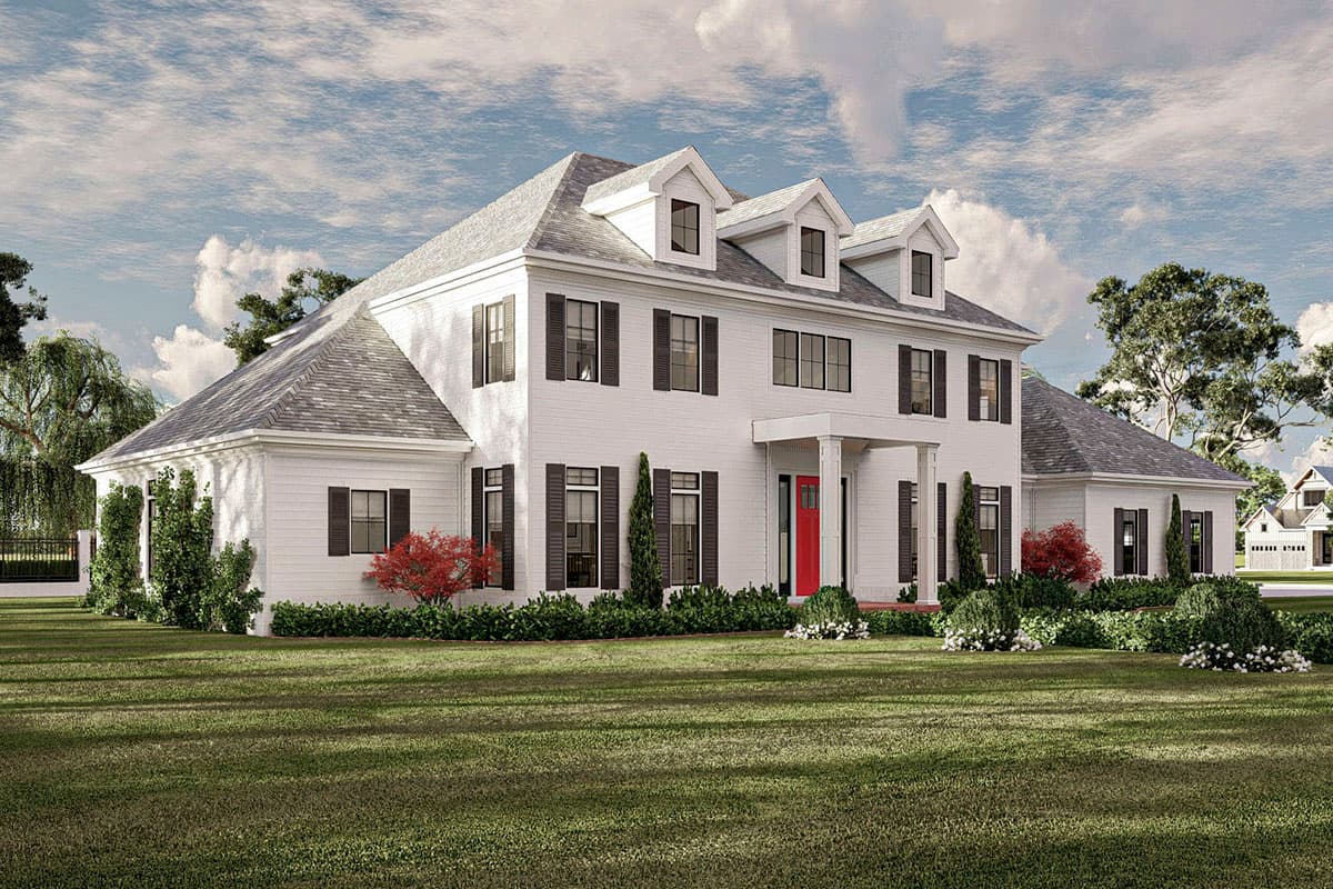 House plan exterior: Two-story white home with gabled dormers, a covered portico with columns, and black shutters.