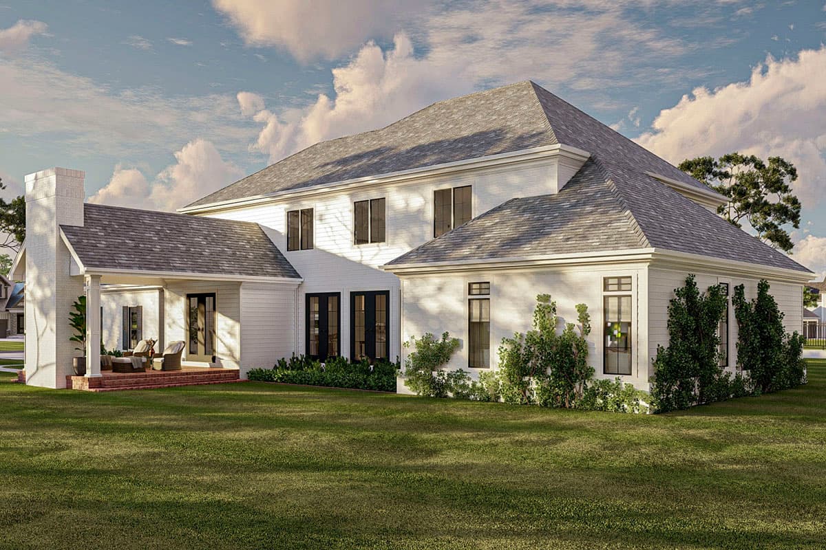 House plan exterior: Two-story Modern Farmhouse with hip roof, gabled dormers, brick chimney, and covered porch.