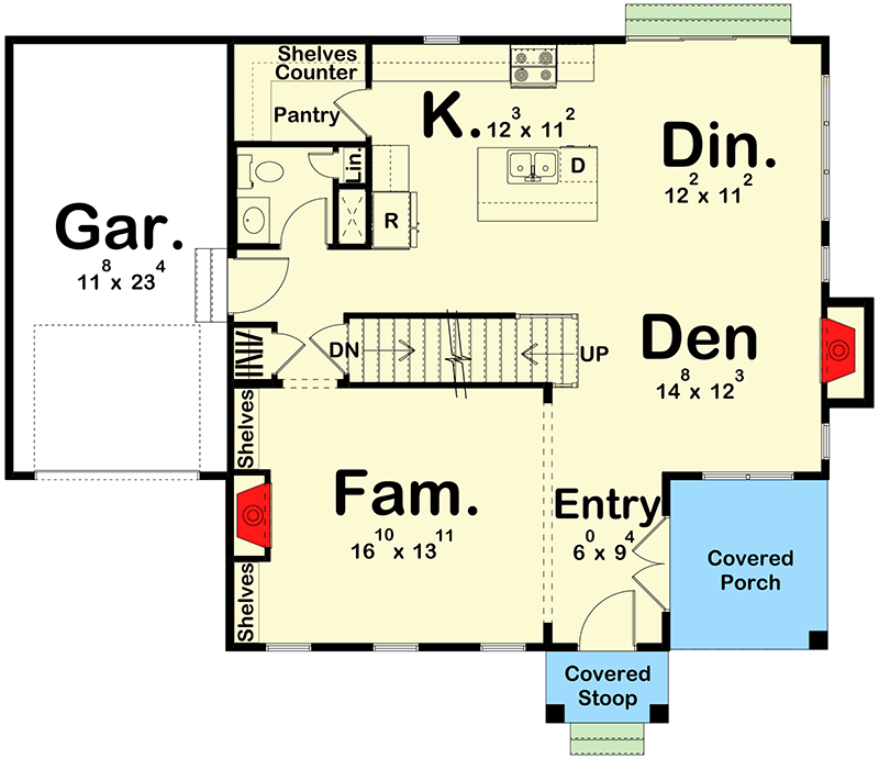 Plan 623177DJ: 2-Story 3-Bed Traditional-Style House Plan Under 2000 Square Feet - Floor Plan - Main Level - Traditional