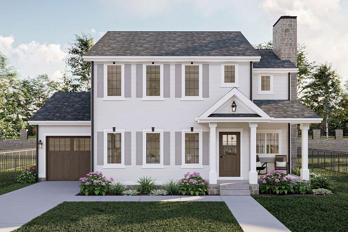 House plan exterior. Two-story home with a gabled roof, front porch with columns, and attached garage. Includes gray shutters and a stone chimney.