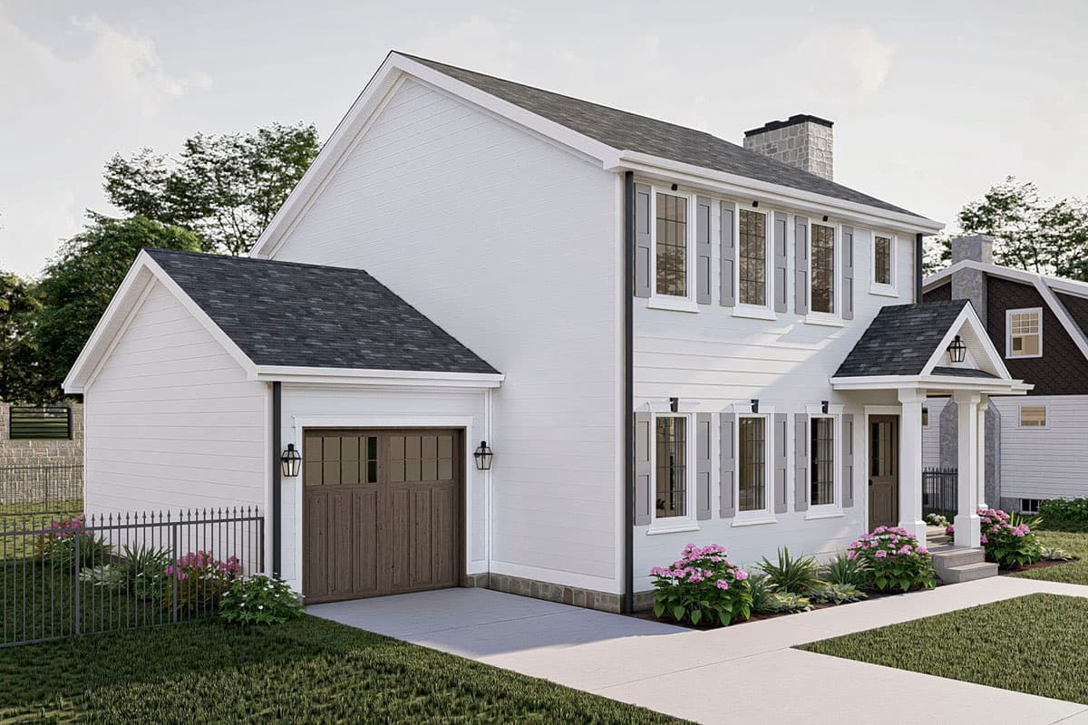 House plan exterior: Two-story Modern Farmhouse with attached garage, gabled entrance porch, and stone chimney.