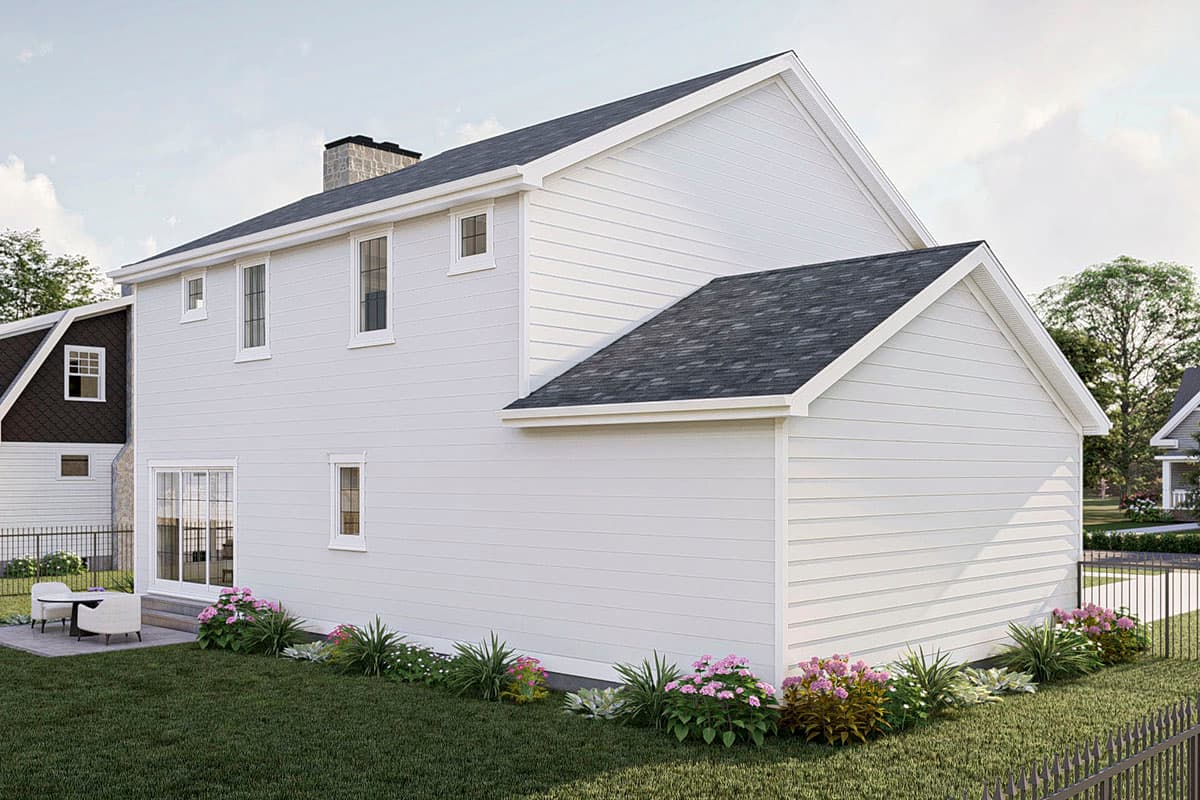 House plan exterior: Two-story Modern Farmhouse with gabled roof, horizontal siding, and stone chimney.