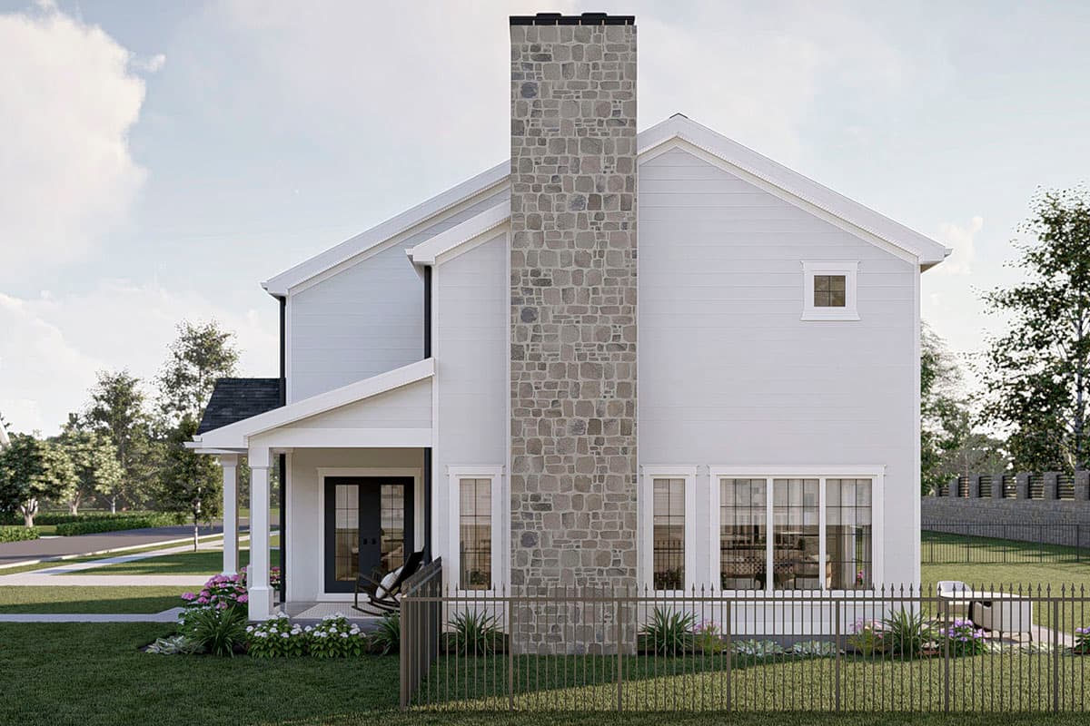 Modern farmhouse house plan exterior with a prominent stone chimney, covered porch, and gabled rooflines.