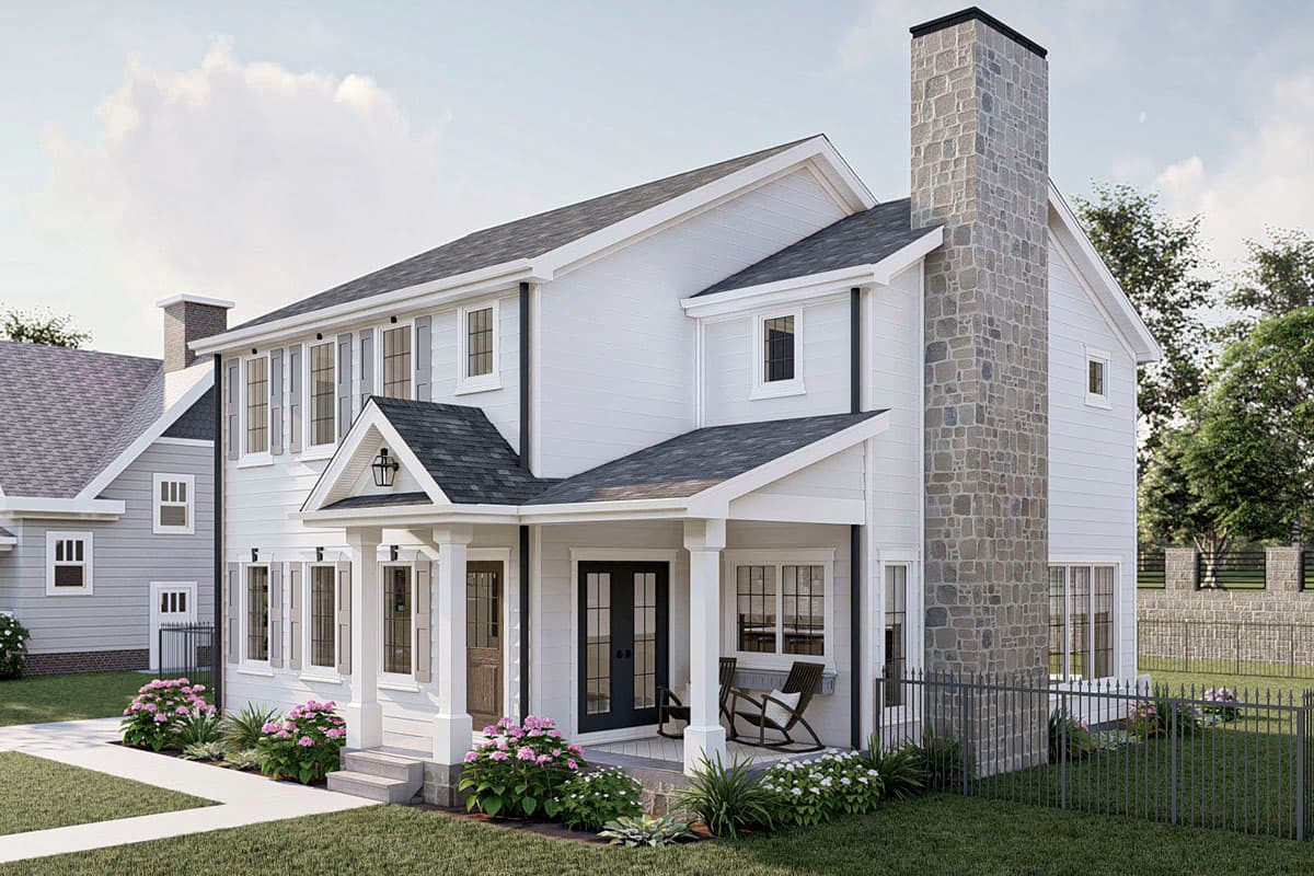 Two-story Modern Farmhouse house plan exterior with a covered front porch, stone chimney, multiple gables, and double front doors.