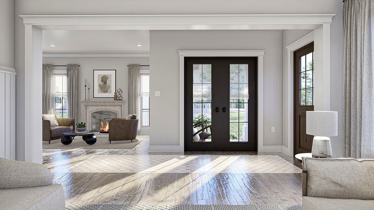 Interior rendering of a living space with a fireplace, double doors, and hardwood flooring.