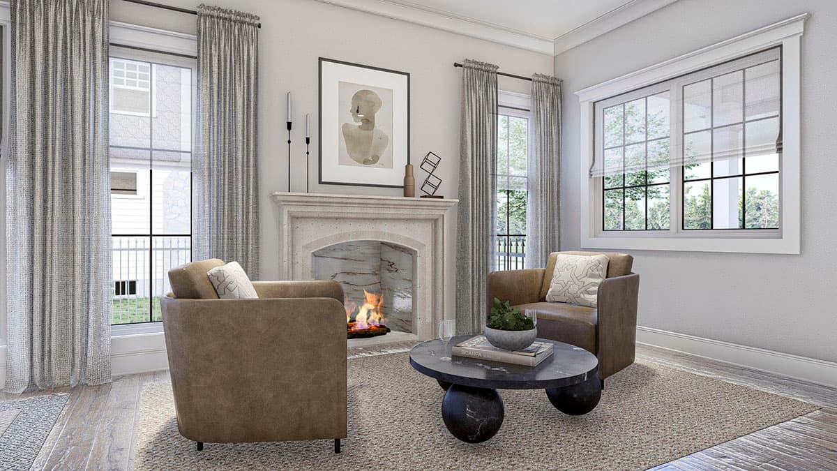 Interior rendering of a living room with a fireplace, two armchairs, and a coffee table.