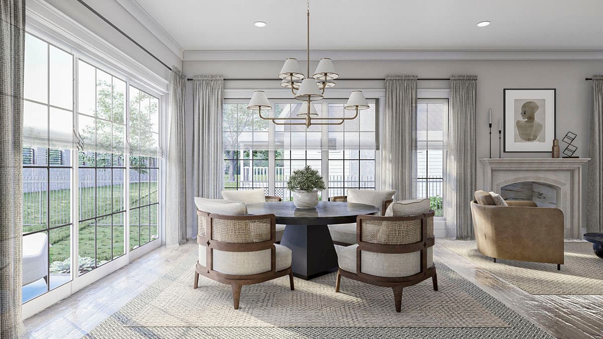 Interior rendering of a dining area with large windows, a round table, and a stone fireplace.
