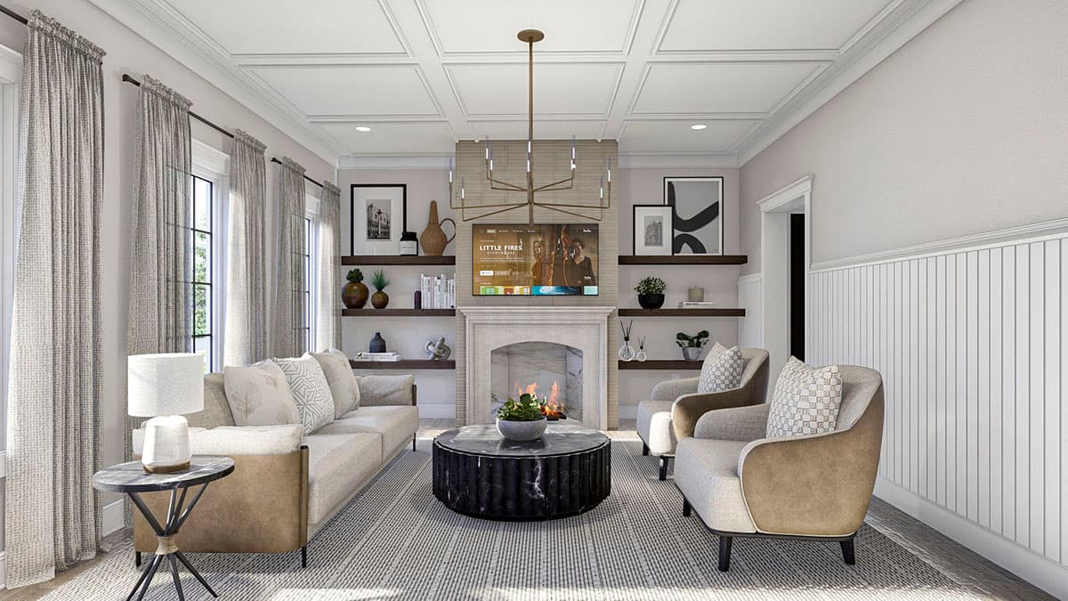 Living room with fireplace, media wall, coffered ceiling, and paneled wainscoting.