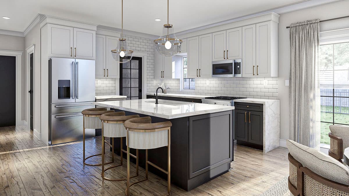 Kitchen with large island, white subway tile backsplash, stainless steel refrigerator, and pendant lighting.