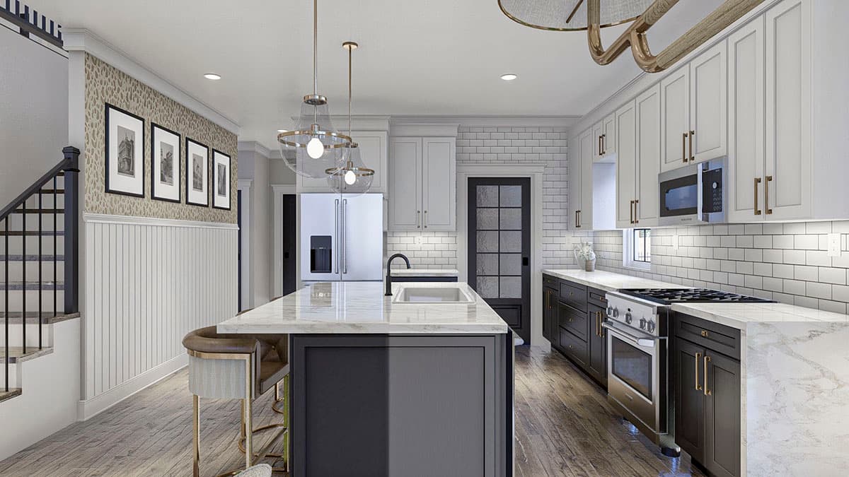 Kitchen with island, white subway tile backsplash, dark lower cabinets, white upper cabinets, stainless steel appliances, and paneled door.