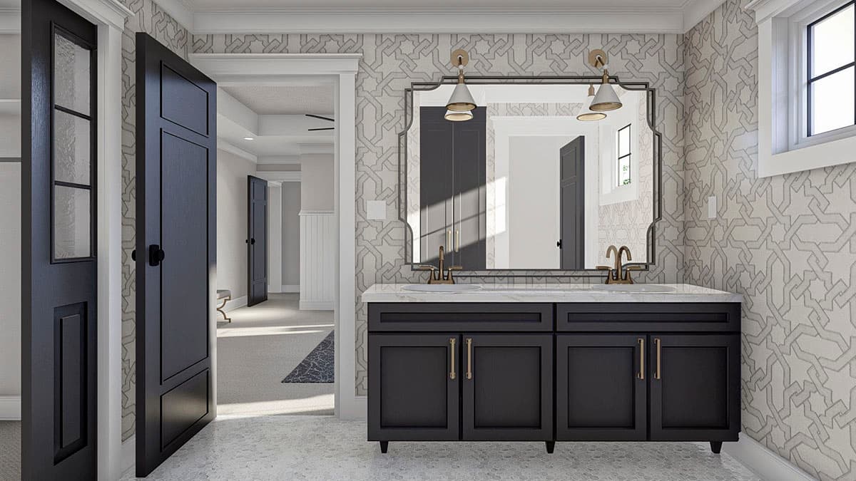 Interior rendering of a bathroom with a dark vanity, double sinks, ornate mirror, and patterned wallpaper.