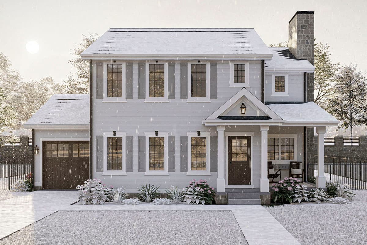 Two-story house plan exterior with side-entry garage, gabled front porch, and stone chimney.