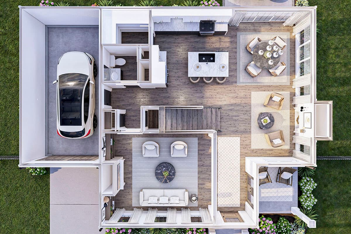 Main level floor plan showing living area, kitchen with island, dining area, and attached garage with vehicle.