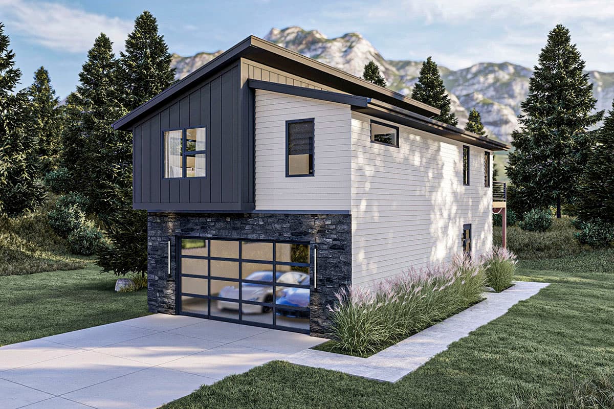House plan exterior with two stories, a contemporary style, a glass garage door, a dark panel facade, and a flat roofline.