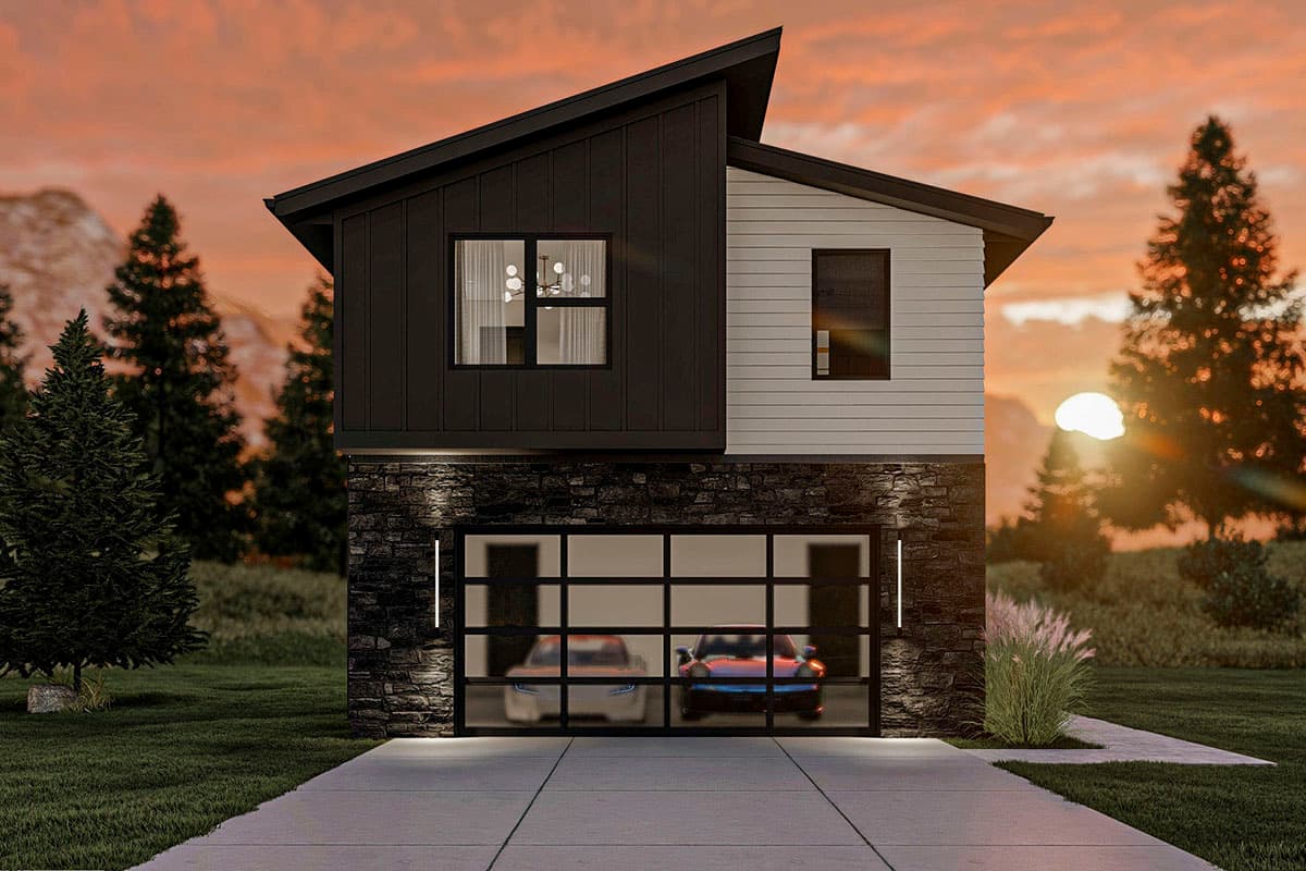 Modern house plan exterior with stone base, two stories, asymmetrical gables, and two-car glass garage door.