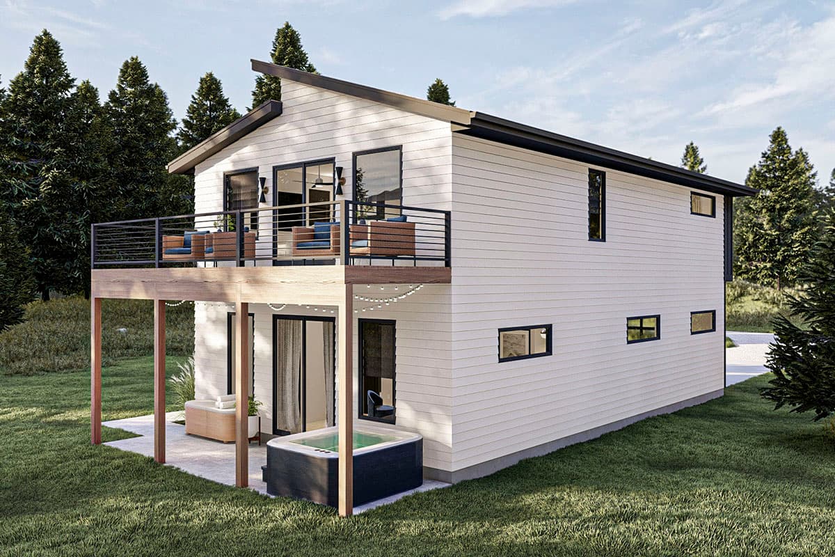 Modern house plan exterior, two stories, white lap siding, asymmetrical roofline, upper deck, lower patio with hot tub.