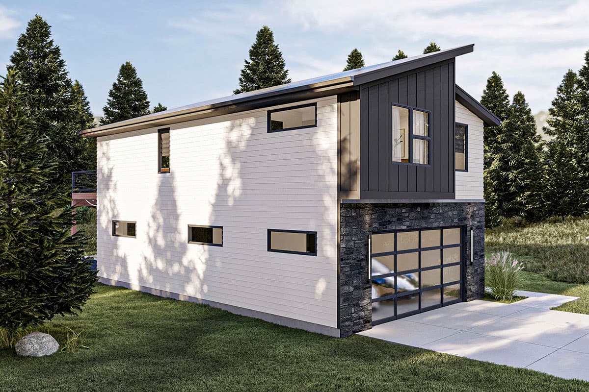 Modern two-story house plan exterior with a shed roof, stone base, horizontal siding, and a glass garage door.