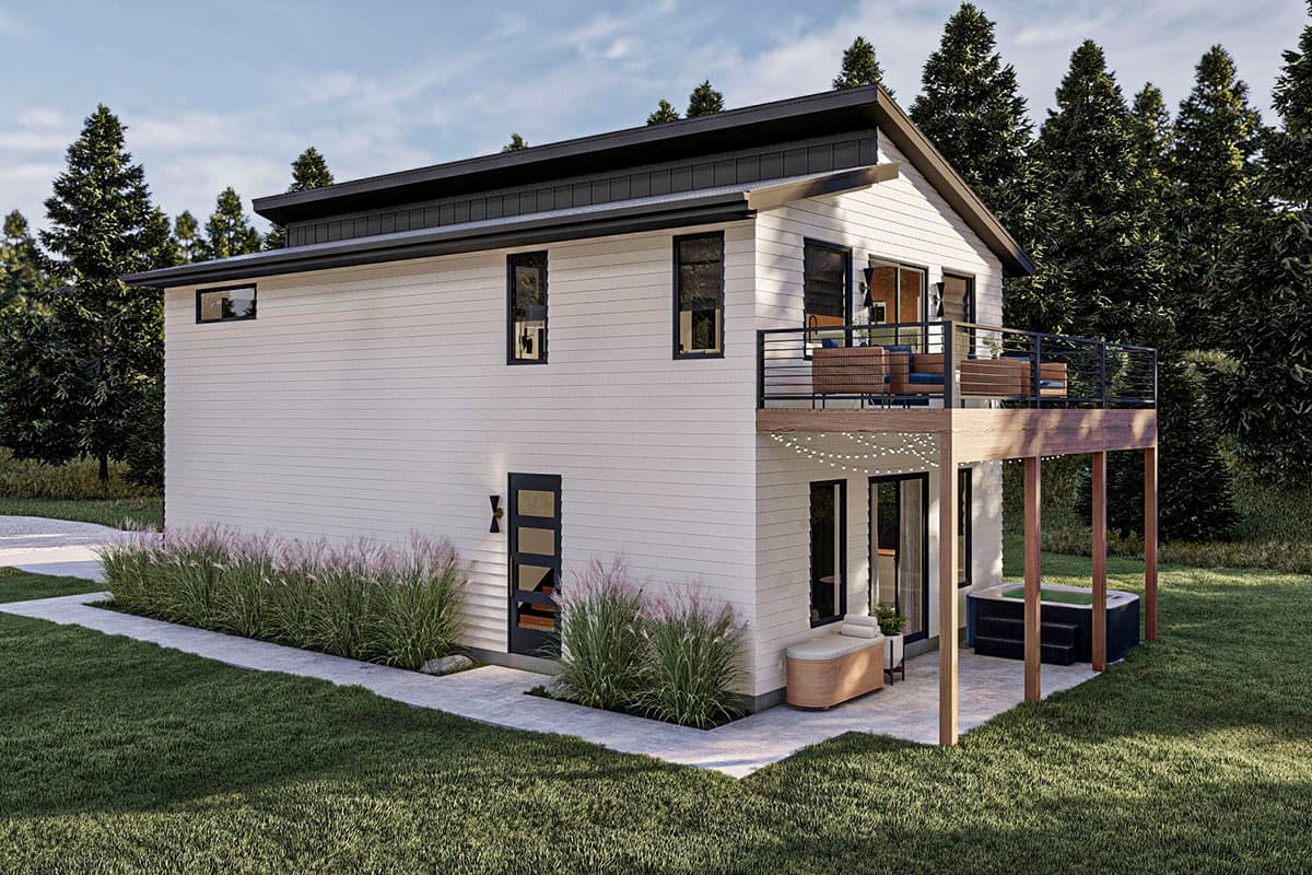 Modern house plan exterior with two stories, white horizontal siding, a flat roof section, and a second-story balcony.