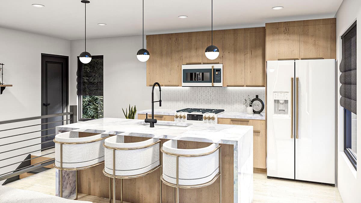 Kitchen interior with marble island and counter, wood cabinets, white appliances, and geometric tile backsplash.
