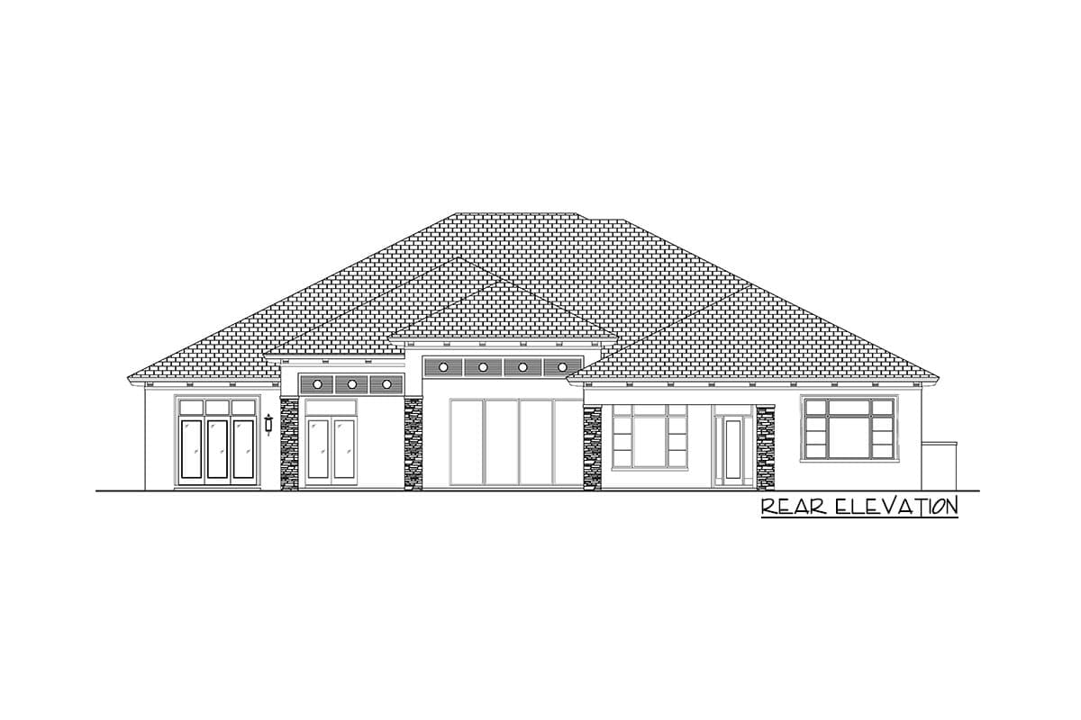 Rear elevation of a single-story house plan with a hipped roof, multiple windows, and stone accents.