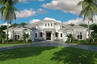 One-Level Coastal Mediterranean House Plan over 5,200 Square Feet with 4-Car Garage