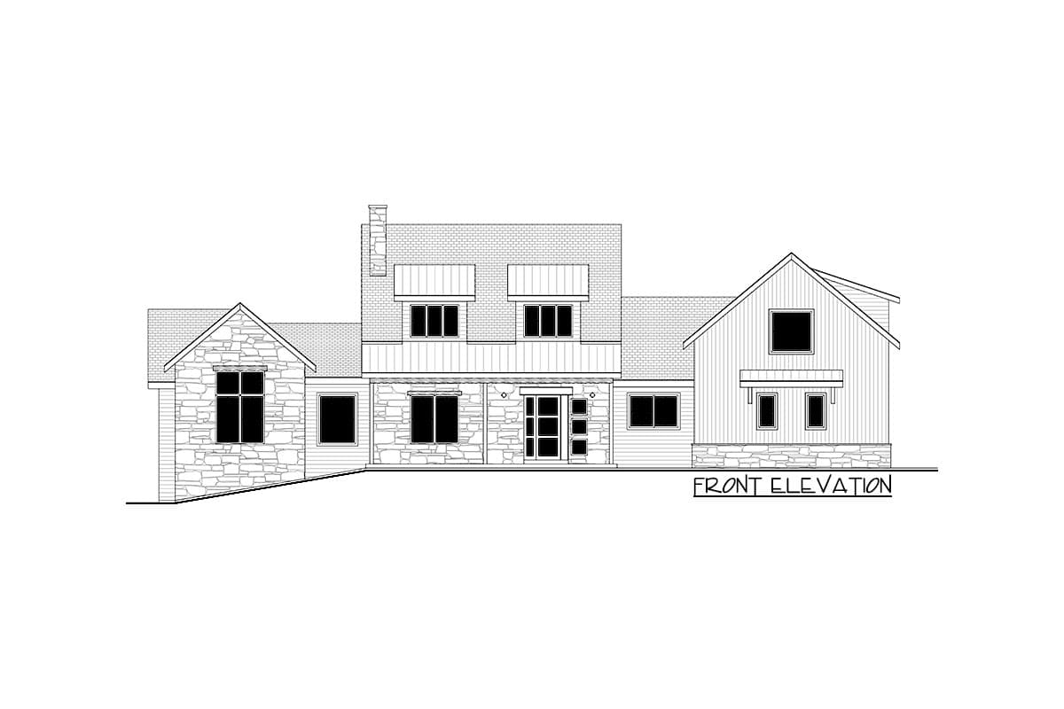 Front elevation drawing of a multi-story house with stone and wood siding, a central entry, and varied rooflines.