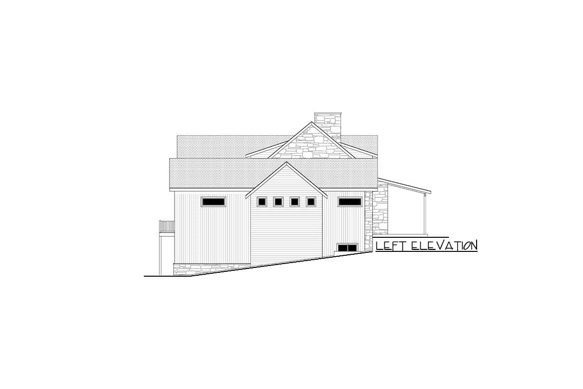 Left elevation drawing of a house plan showing gabled rooflines, stone chimney, and horizontal siding.