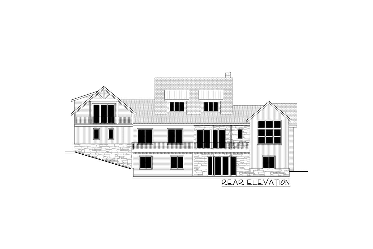 Rear elevation of a multi-story house plan with gabled dormers, balconies, and stone accents.