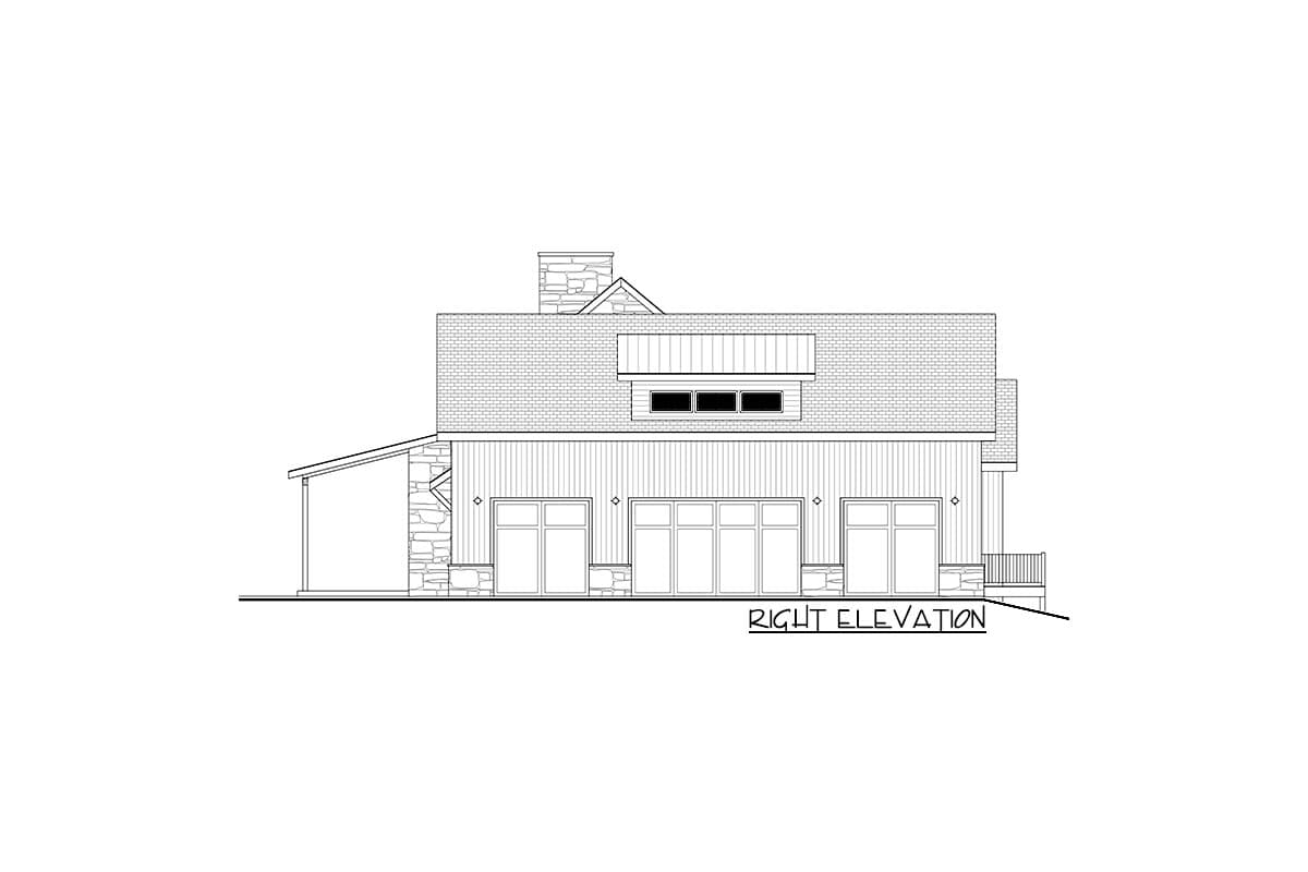 Right elevation house plan drawing showing stone exterior, large windows, three garage doors, and a covered porch.