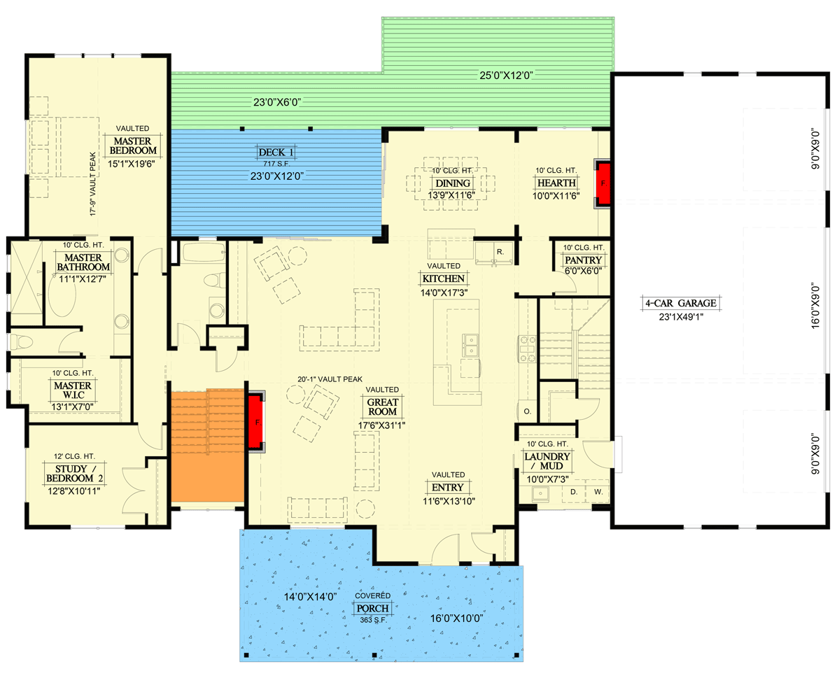 Plan 365029PED: Contemporary Farmhouse Plan with In-law Suite above Garage - Floor Plan - Main Level - Contemporary, Country, Modern Farmhouse, Mountain, New American, Ranch, Rustic, Transitional