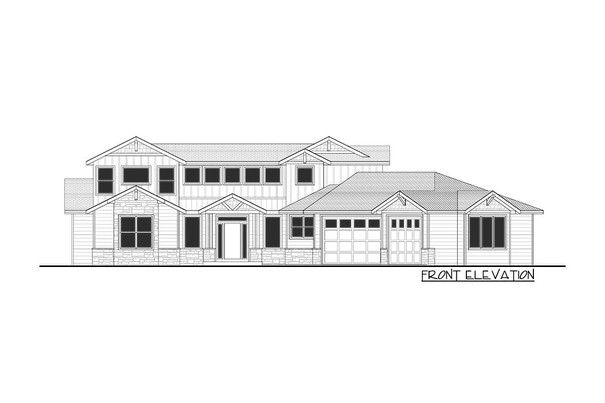 Front elevation house plan with two stories, stone accents, multiple gables, prominent entry, and a three-car garage.