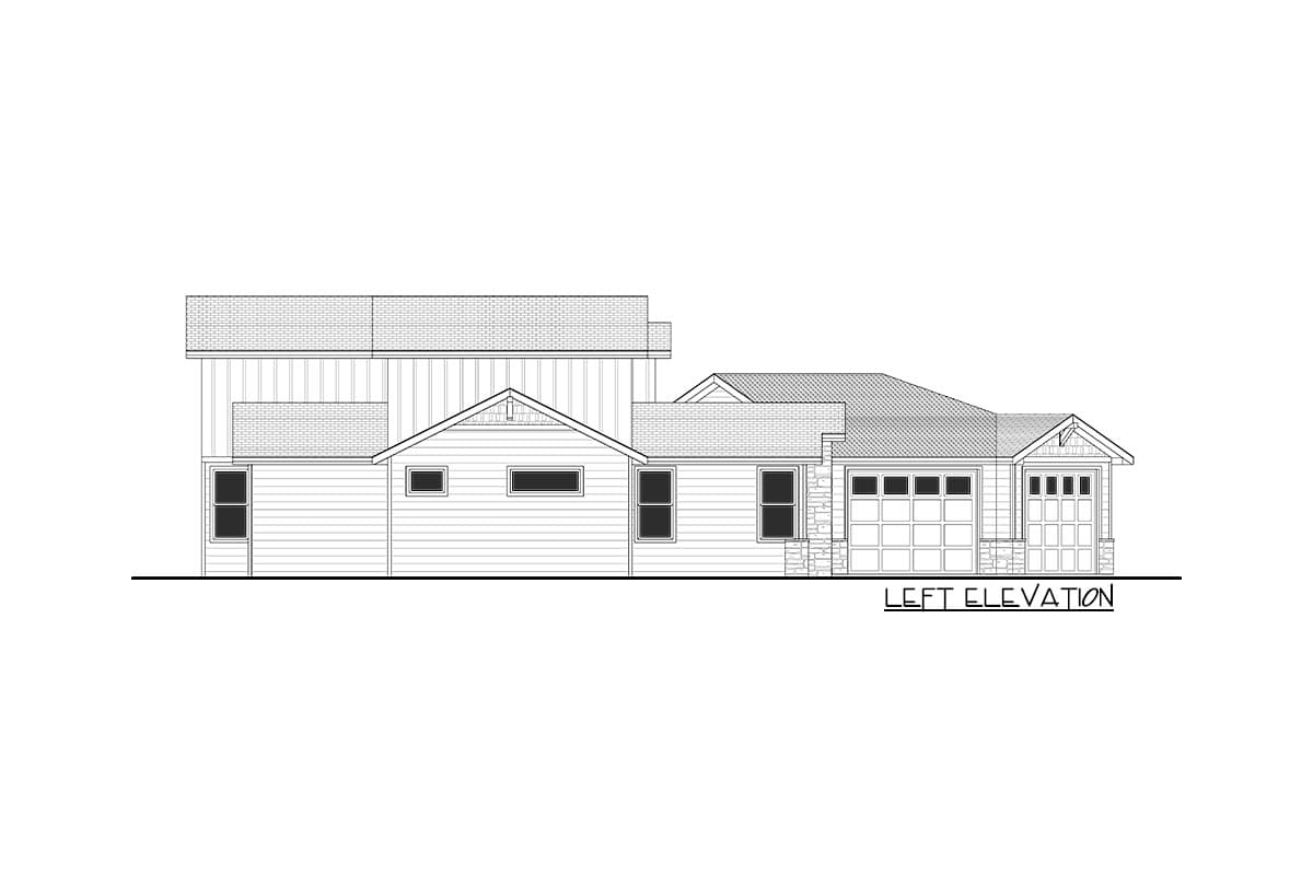 Left elevation of a house plan showing a two-car garage, a smaller one-car garage, and gabled dormers.