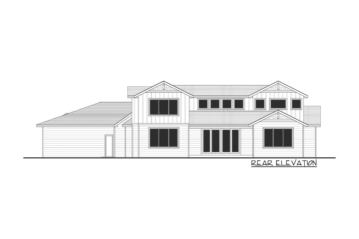 Rear elevation house plan featuring horizontal siding, multiple gables, a two-car garage, and a series of windows.