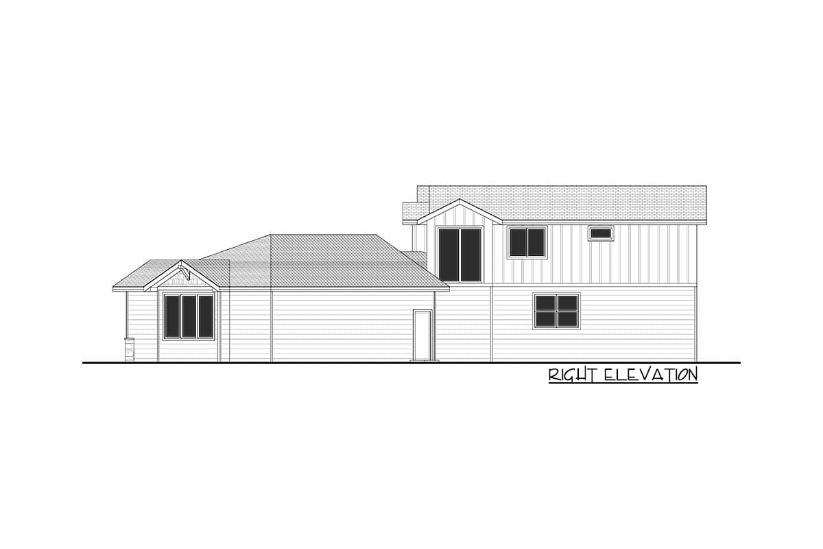 Right elevation house plan drawing showing a two-story section and a single-story section with gabled dormer and various windows.