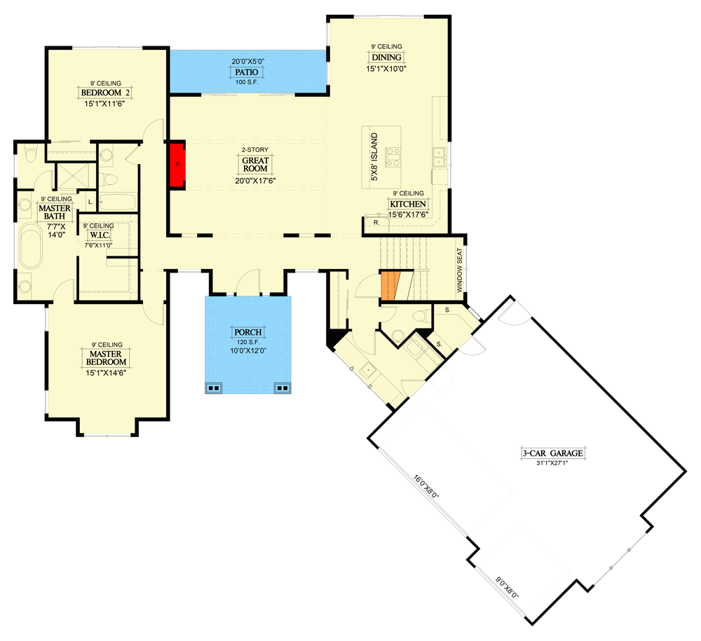 Plan 365030PED: Exclusive 2-Story Country Home Plan with Main-level Master Bedroom - Floor Plan - Main Level - Country, Craftsman, Modern Farmhouse, New American, Northwest, Transitional