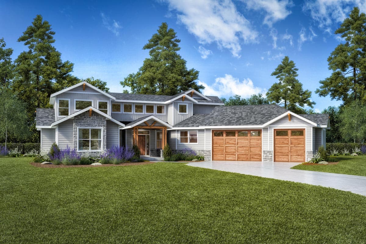 House plan exterior with two stories, a front-facing garage, gables, and a covered porch. Features stone accents and a mix of windows.